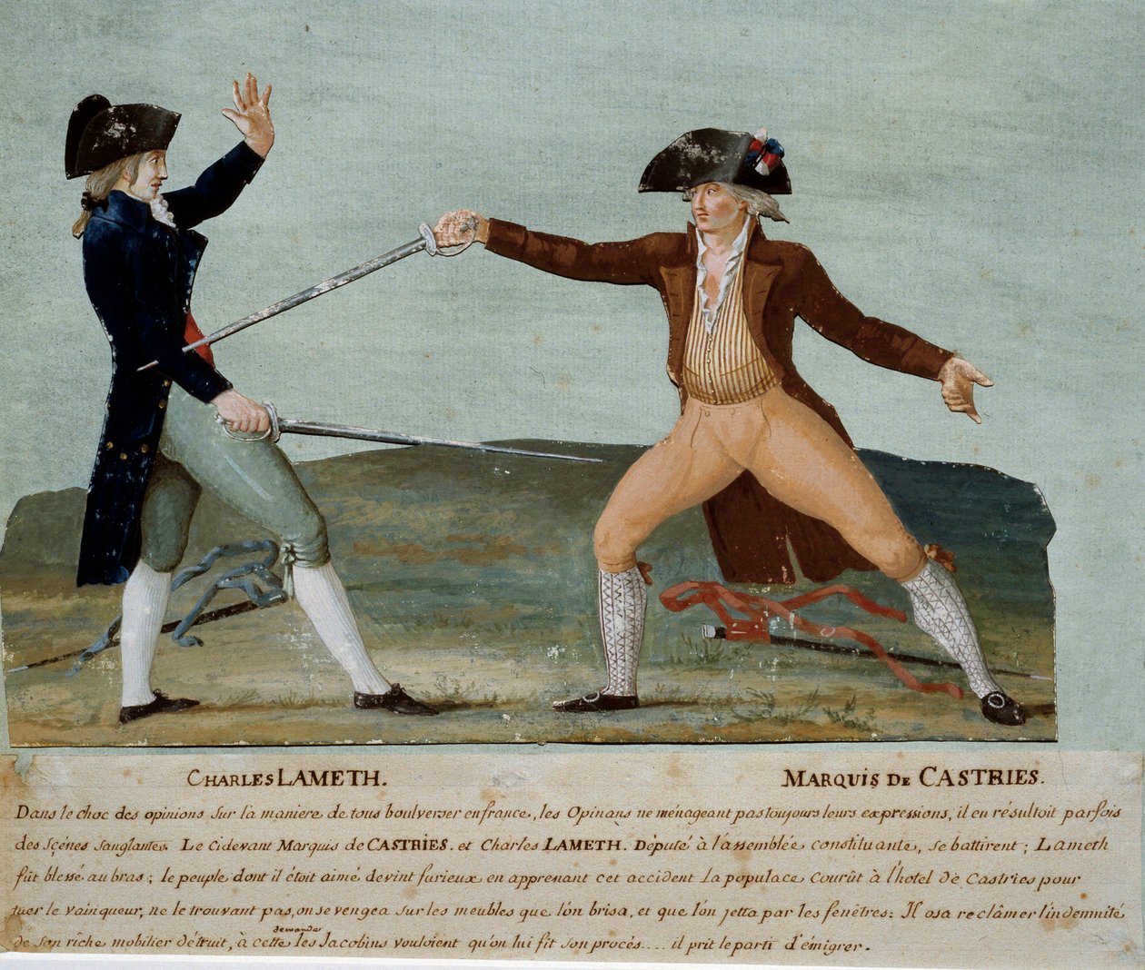 法国大革命：1790 年 11 月 12 日，制宪会议代表 Charles Lameth（1757-1832）与贵族代表 Marquis de Castries（1756-1842）之间的决斗。 . 水粉 作者 莱索尔兄弟
