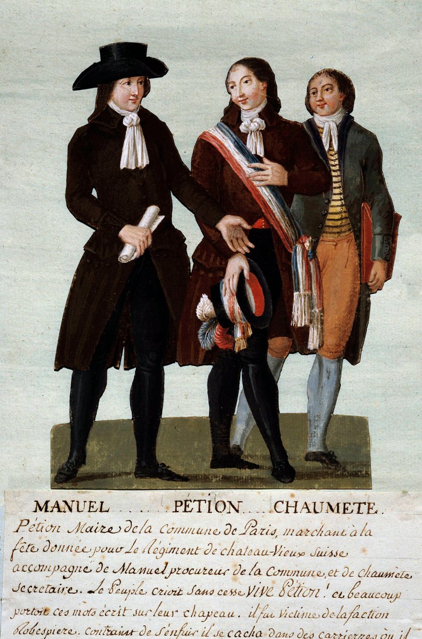 French revolution: the revolutionaries Jerome Petion (1756-1794), Jacques Antoine (Jacques-Antoine) Manuel (1775-1827), and Pierre-Gaspard (Pierre Gaspard) Chaumette dit Anaxagoras (1763-1794), spokesman for the unbridled. Gouache des freres Lesueur (18th  作者 莱索尔兄弟