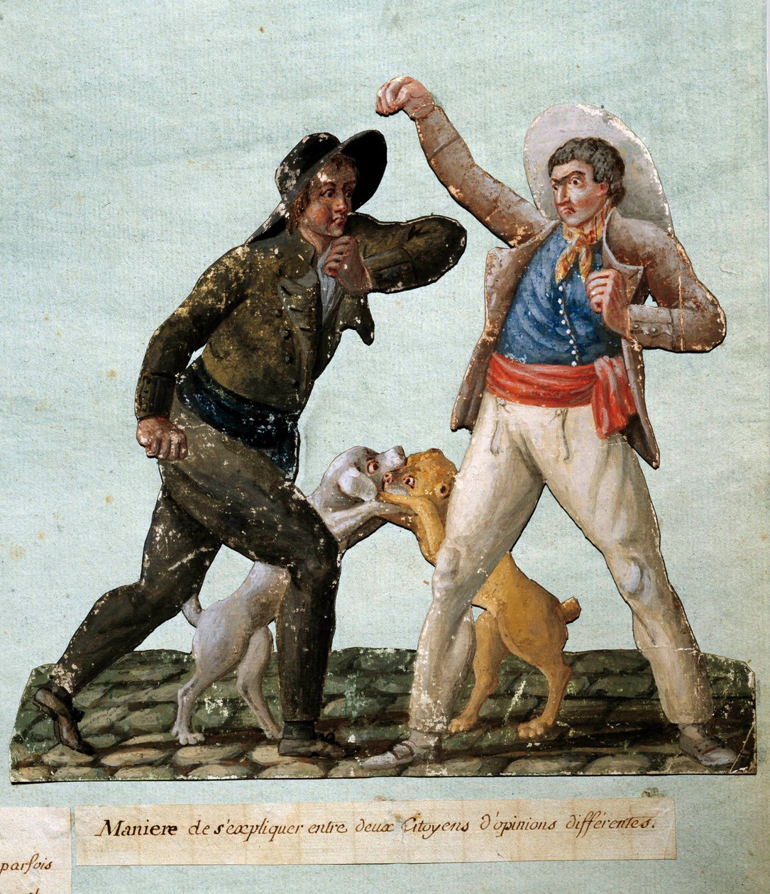 法国革命：两个公民在战斗。Gouache des freres Lesueur (18世纪) 作者 莱索尔兄弟