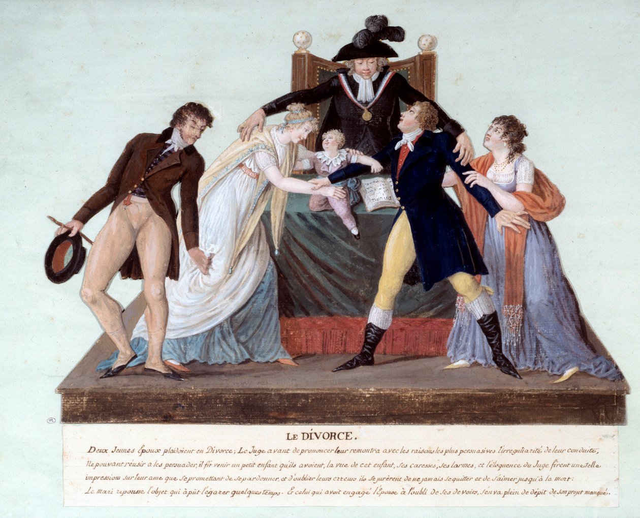 Republican divorce: a scene of reconciliation at the time of the French revolution between two wives about to divorce, the adultere husband pushes back his mistress while the wife hugged their child. 18th century. Gouache des freres Lesueur, Musee Carnaval 作者 莱索尔兄弟