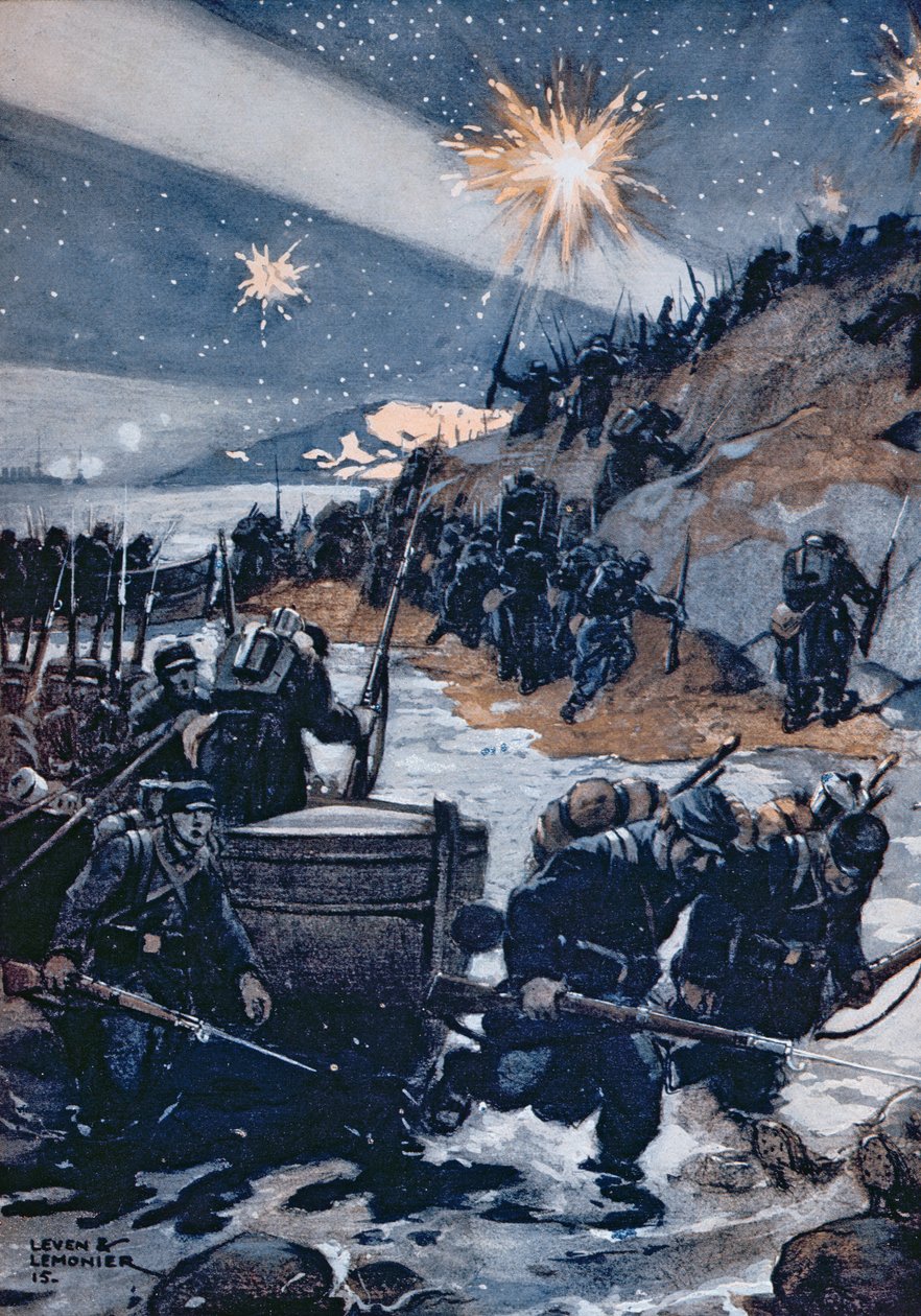晚上登陆达达尼尔海峡，插图来自&39;Les Pays de France&39;，1915年 作者 莱文和莱蒙尼尔