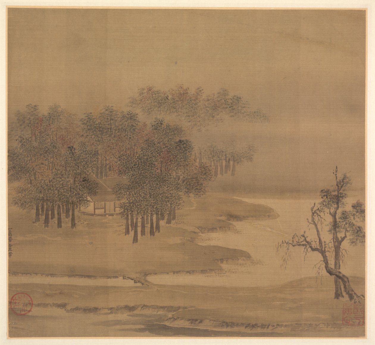 秋天迷雾树林中的小屋，1117年。 作者 李安中