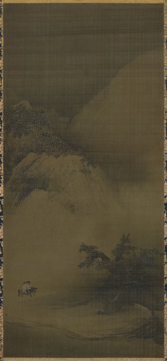 Snowy Scenery, landscape painting (绢本墨画淡彩雪景山水図, kenpon bokuga tansai sekkei sansui zu). Hanging scroll 作者 梁凯