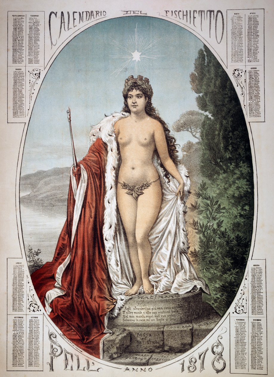 Allegory of Italy on a pedestal made of taxes and fees, calendar of the whistle, year 1878, Italy 作者 未知未知