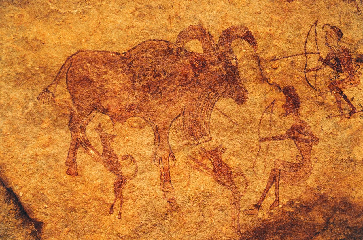 弓箭手、狗和有蹄动物、洞穴绘画、Tassili n