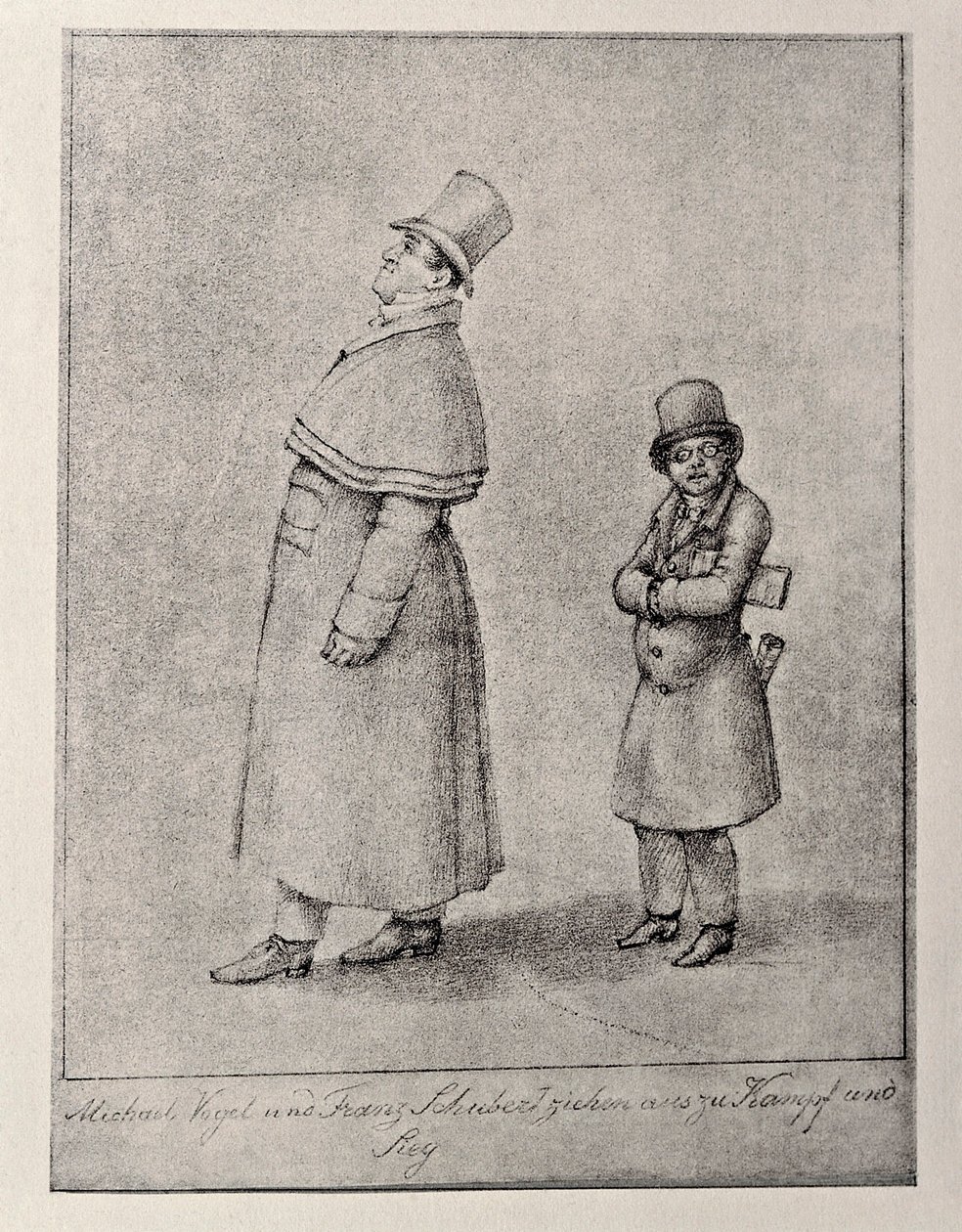奥地利，维也纳，奥地利男中音歌唱家Johann Michael Vogl和作曲家Franz Peter Schubert的漫画，约1825年，铅笔画 作者 未知未知