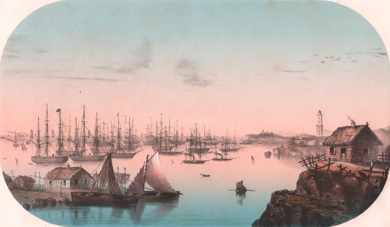 芬兰巴罗松德的波罗的海舰队，彩色石版画，29x20 厘米，来自Episodes de la guerre d