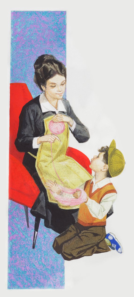 男孩帮助母亲做毛线球，画画 作者 未知未知