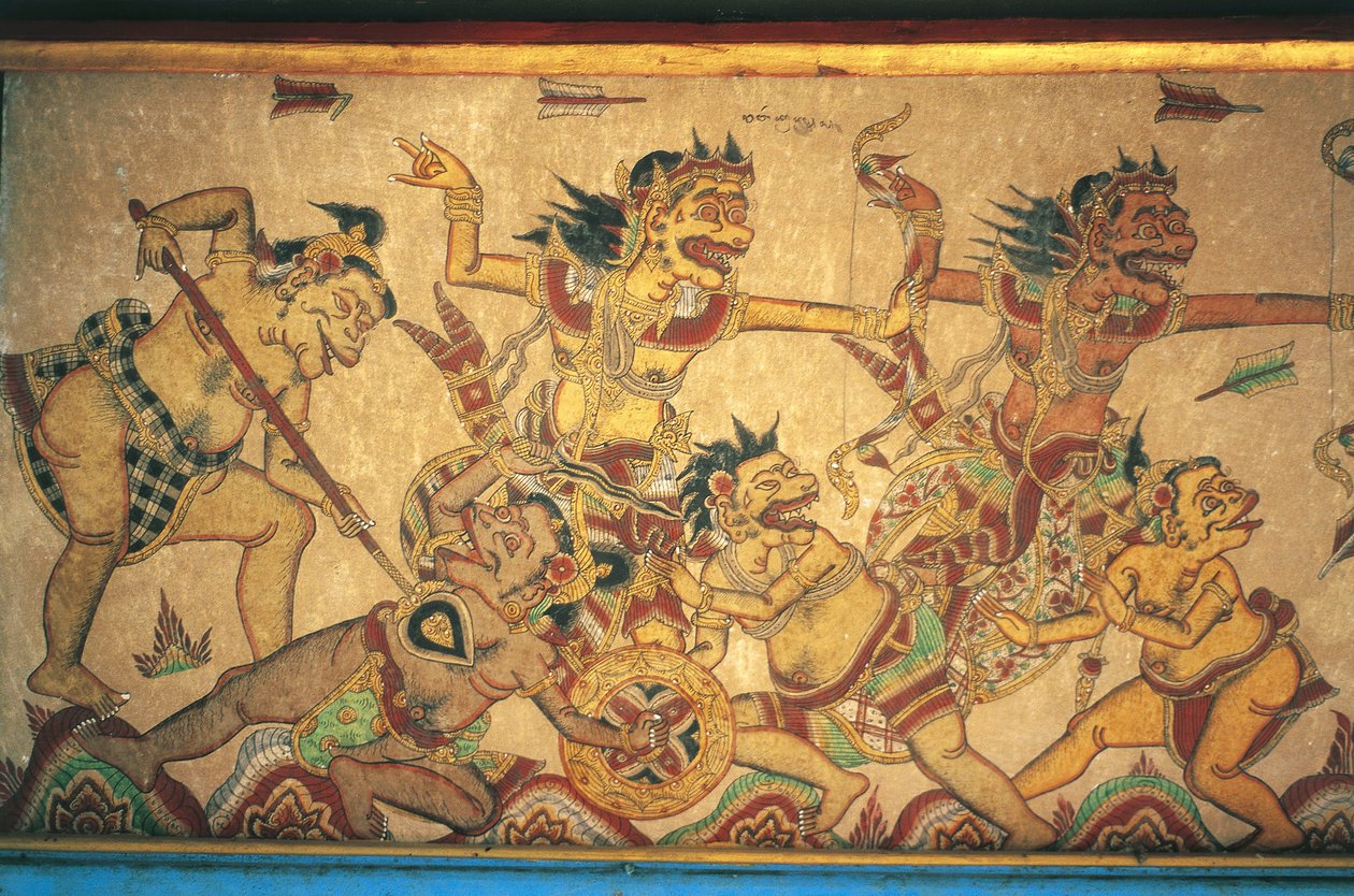 描绘神与恶魔之间战斗场景的壁画，Kertha Gosa 亭，Klungkung 宫（Puri Agung Semarapura），Semarapura，巴厘岛，印度尼西亚 作者 未知未知