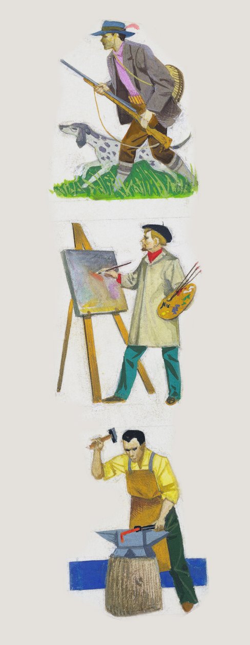 猎人，画家和铁匠，绘画 作者 未知未知
