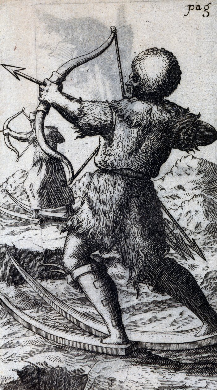 Hunter with bow and arrow on short skis, illustration from De Calceo Antiquo, by B Balduinus 作者 未知未知