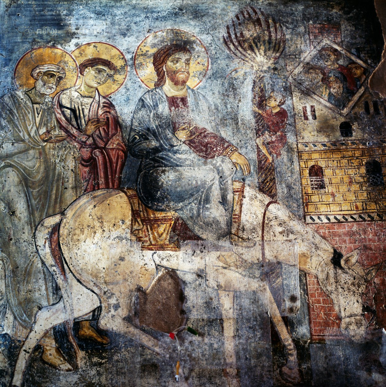 耶稣骑驴进入耶路撒冷，希腊克里特岛 Myriokefala Panagia Antifonitria 修道院内的壁画（照片） 作者 未知未知