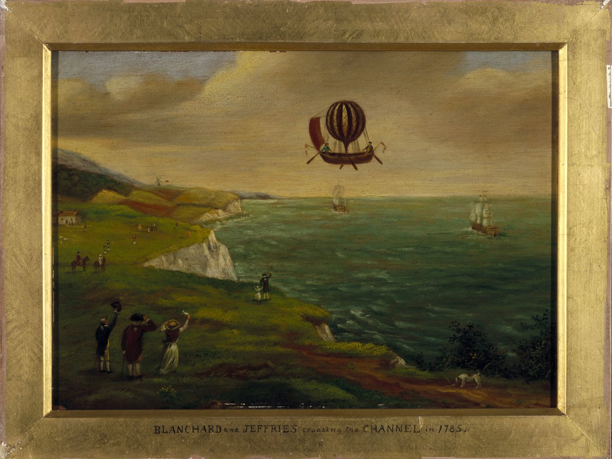 发明家让·皮埃尔 (Jean-Pierre) Blanchard (1753-1809) 和美国科学家约翰·杰弗里斯 (Jefferies or Gefferies) (1744-1819) 乘坐类似于装有热气球的船的飞行器穿越海峡。 01/07/1785 作者 未知未知