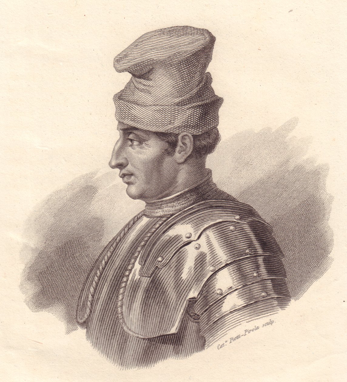 意大利军事领袖 Niccolo Fortebraccio 的肖像，也被称为 della Stella（1389-1435），Caterina Piotti-Pirola 的铜版画 作者 未知未知