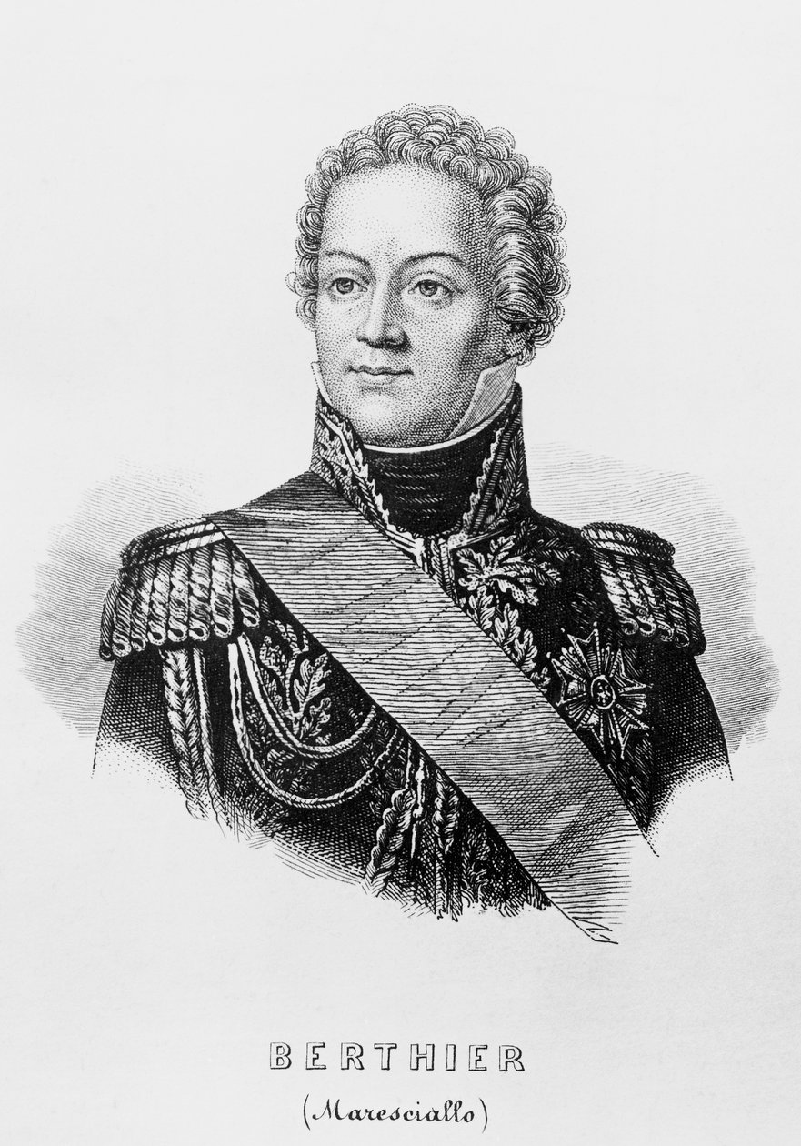 路易-亚历山大·贝尔蒂埃王子 (1753-1815)、法国将军、法国元帅和法兰西第一帝国战争部长的肖像，雕刻 作者 未知未知