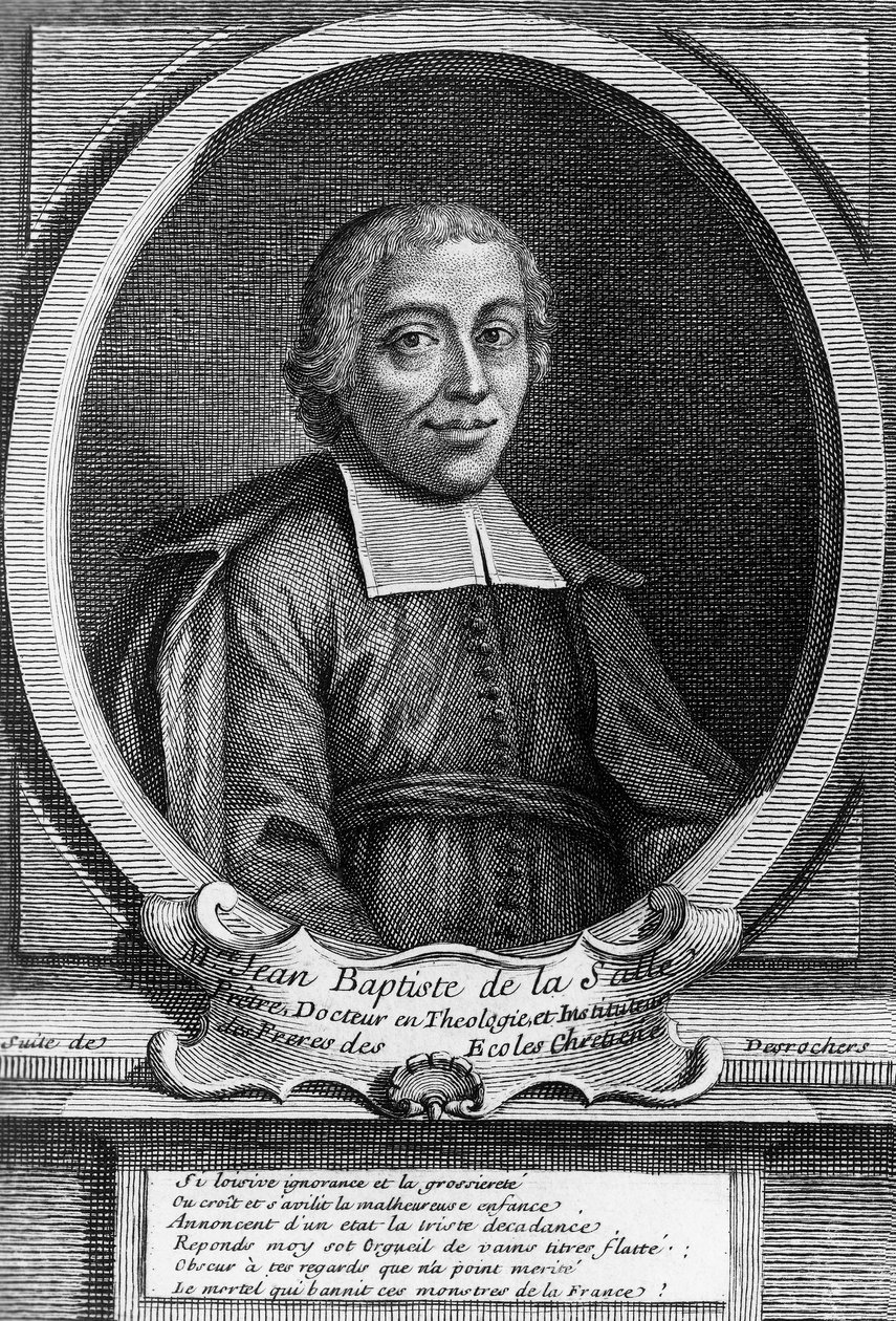 Saint John Baptist de La Salle (1651-1719) 的肖像，法国神父、教育改革家和基督教学校兄弟学院的创始人，雕刻 作者 未知未知