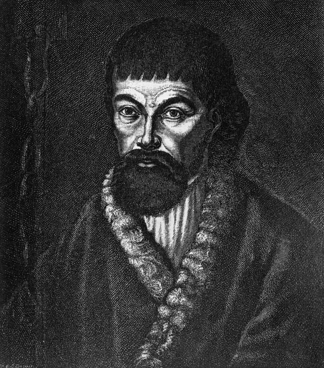 Yemelyan Ivanovich Pugachov (ca 1742-1775) 的肖像，1773-1774 年俄罗斯主要哥萨克和农民起义的领导人，油画后雕刻 作者 未知未知