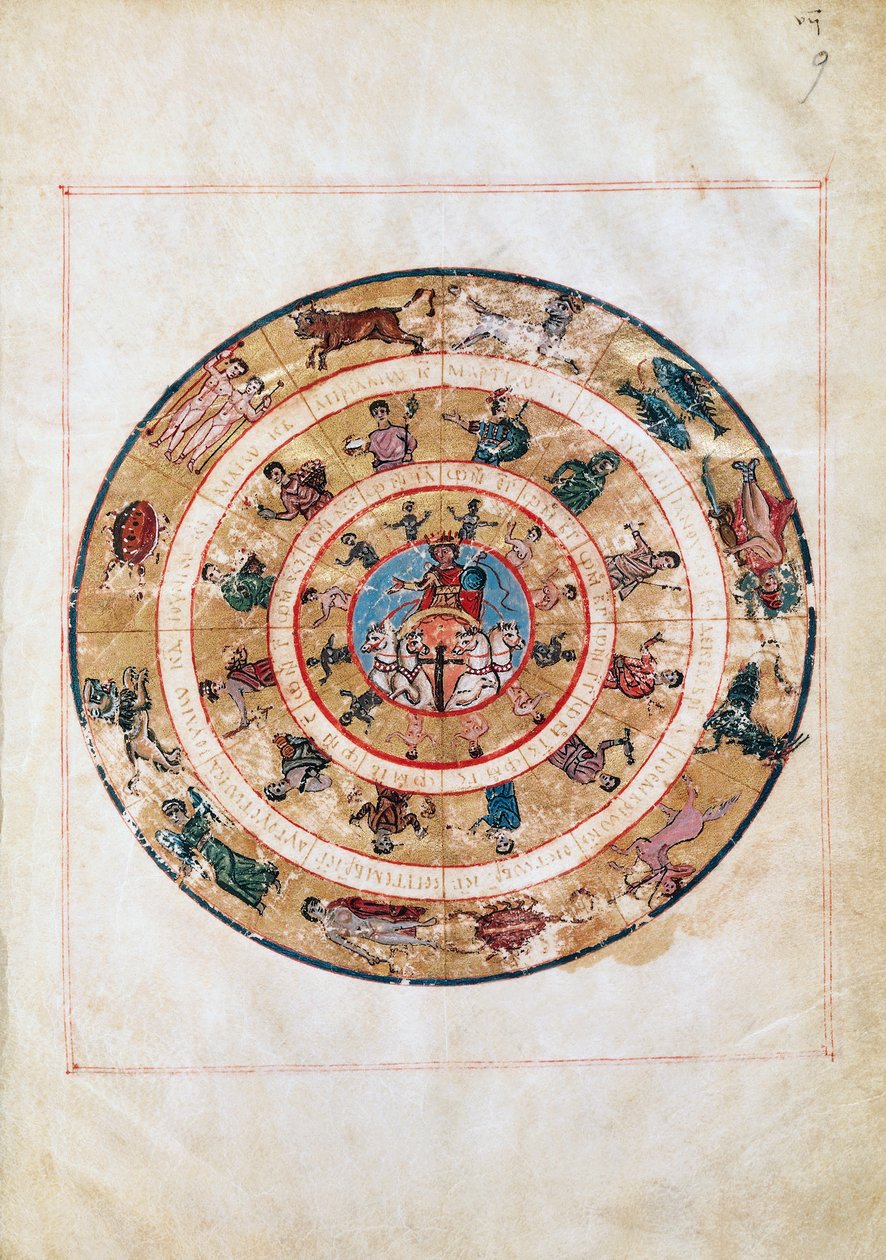 The Sun chariot and the signs of the Zodiac, miniature from an early Middle Ages manuscript, astronomical table by Ptolemy (ca 100-175), Hellenistic civilization 作者 未知未知