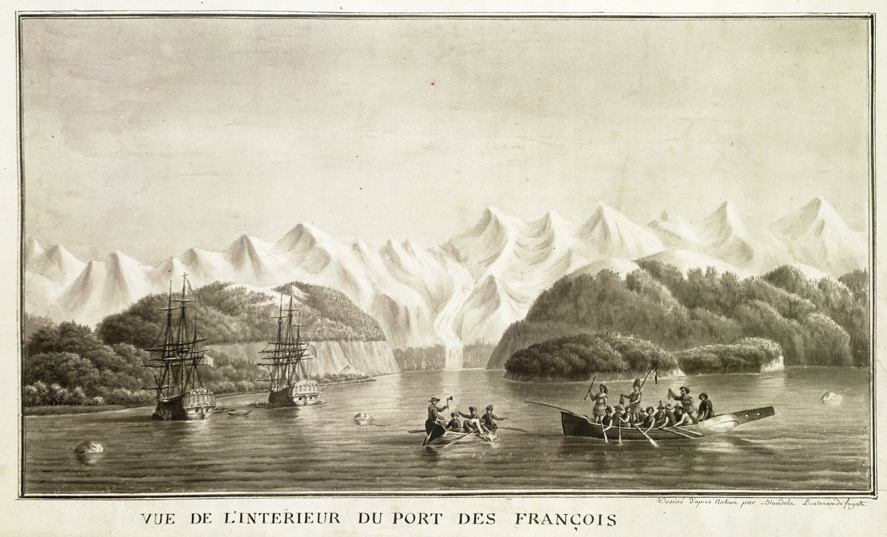 阿拉斯加的Le Port des Francais，来自&39;Voyage de La Perouse&39;，1786年7月（笔和墨水在纸上洗）（另见169018） 作者 布朗德拉中尉