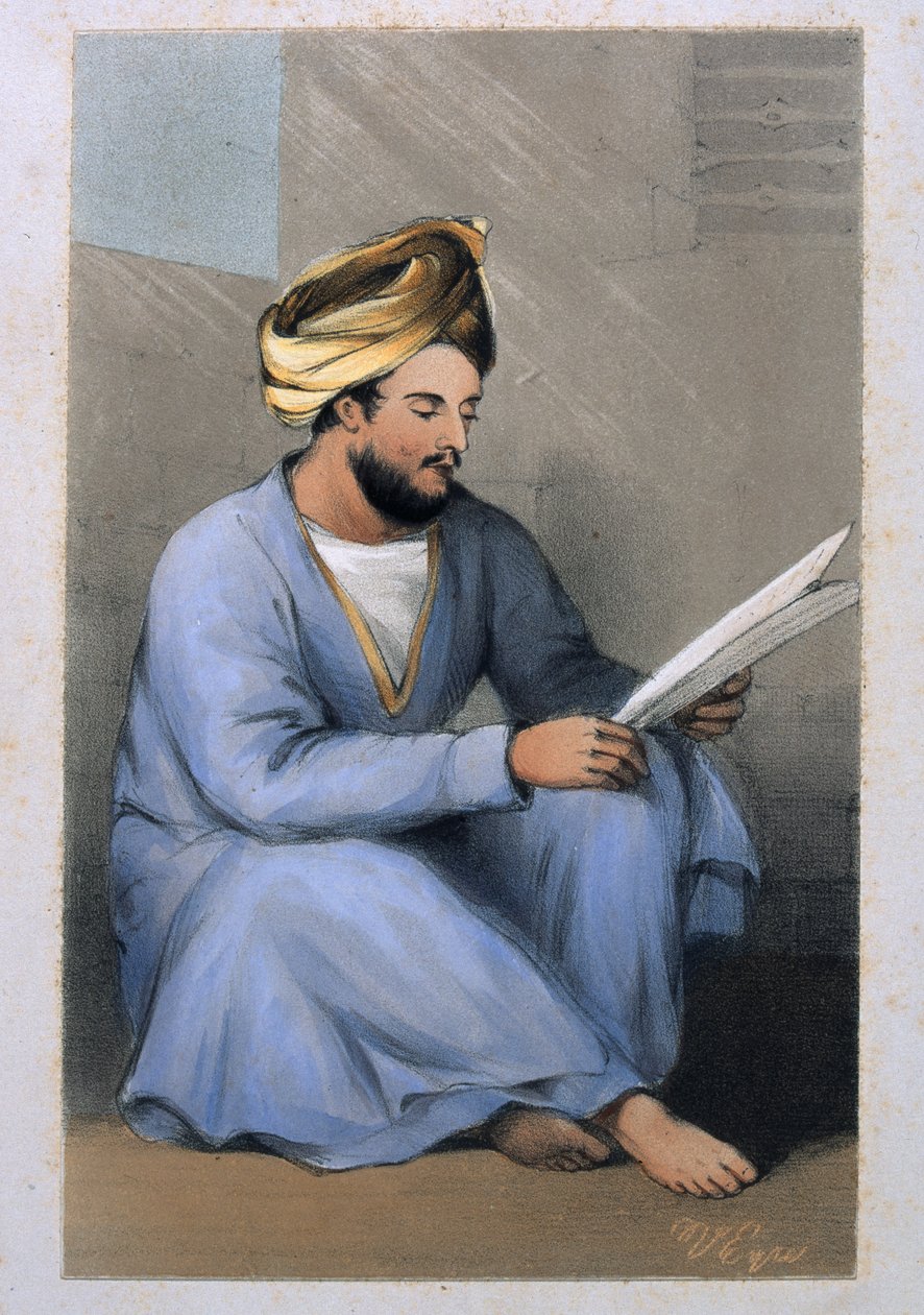 1842年，Shah&39;s Service的约翰斯通上尉坐着读阿富汗服饰 作者 文森特·艾尔中尉