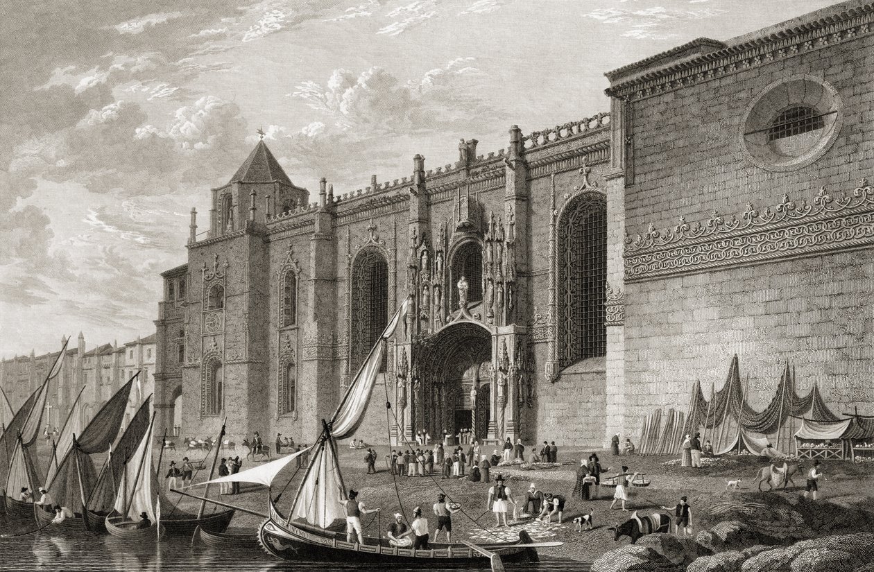 里斯本的Mosteiro dos Jeronimos Belem，来自欧洲主要城市的精选景观，由JH Le Keux雕刻，于1832年在伦敦出版 作者 巴蒂中校