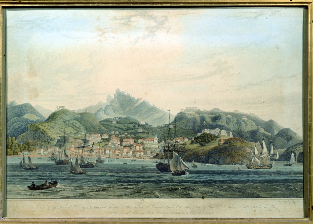 格林纳达岛上的圣乔治镇和里士满高地的景色，由William Daniell 1769-1837雕刻，c.1810雕刻 作者 威尔逊中校