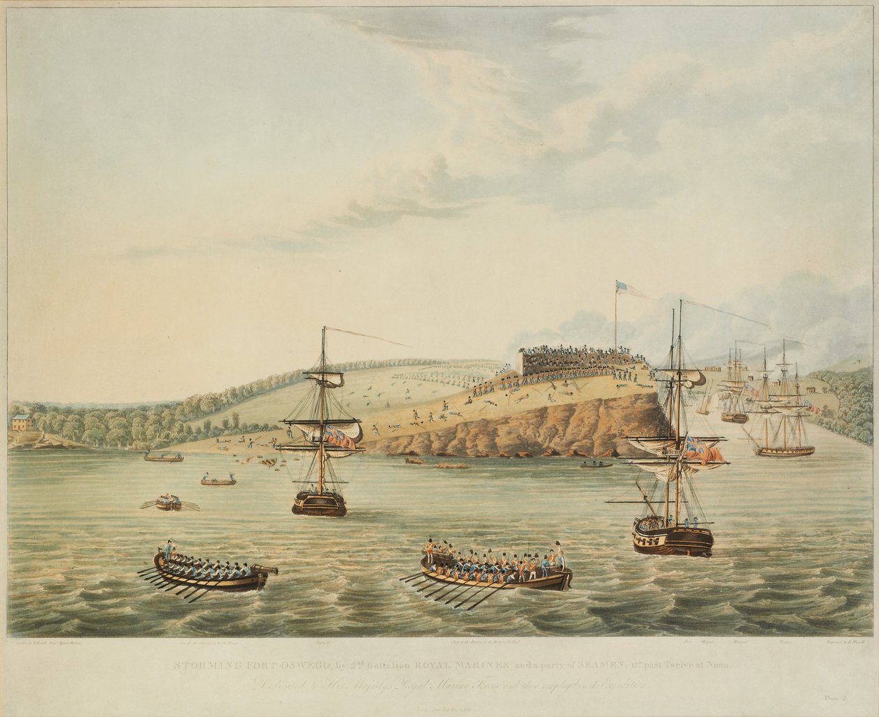 袭击美国北部安大略湖的奥斯威戈堡。 1814年5月6日，正午，以及第二营皇家海军陆战队和海员一行闯入奥斯威戈堡，午夜十二时十五分15m，由R. Havell雕刻，1815年 作者 休伊特中尉