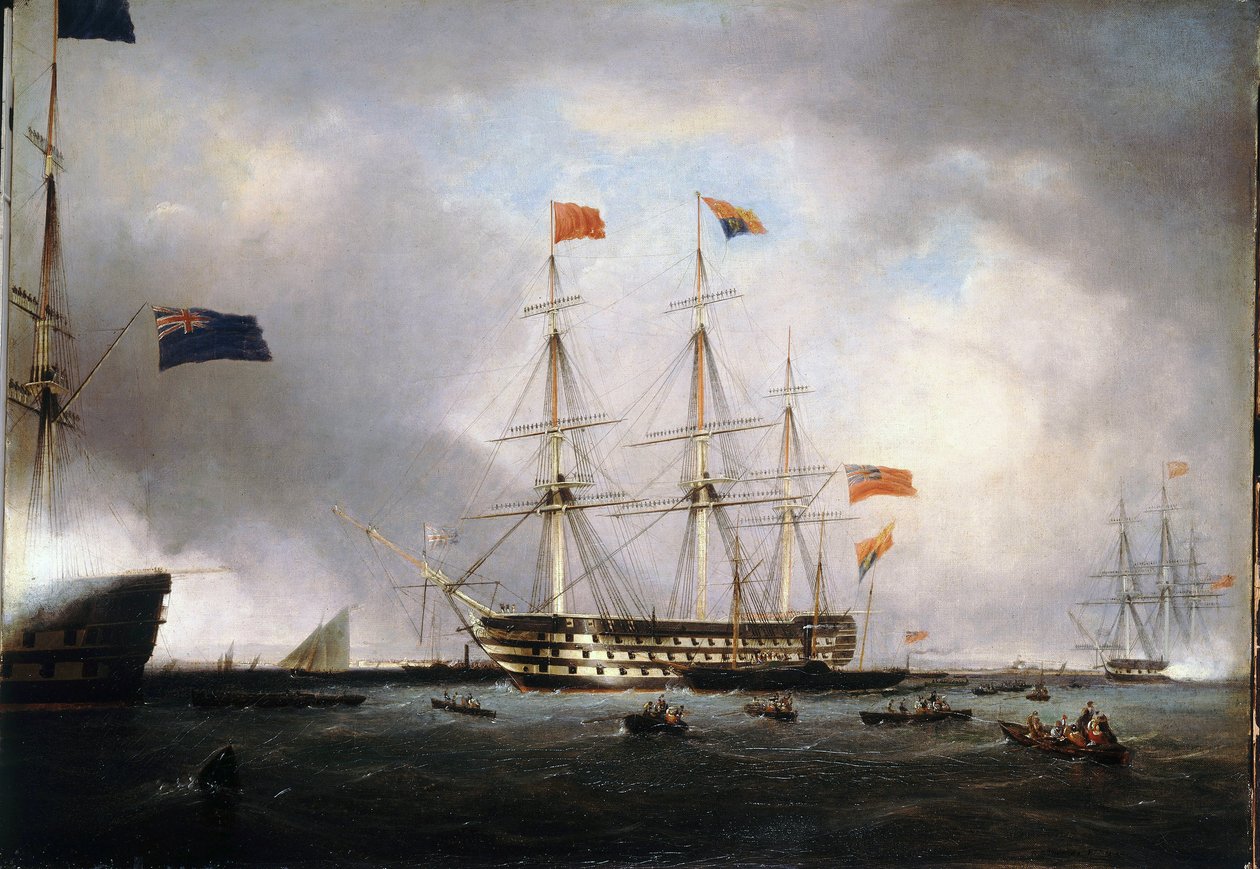 英国维多利亚一世女王（1819-1901 年）3 月 1 日访问朴茨茅斯（英格兰）的女王号。 作者 罗伯特·斯特里克兰·托马斯中尉