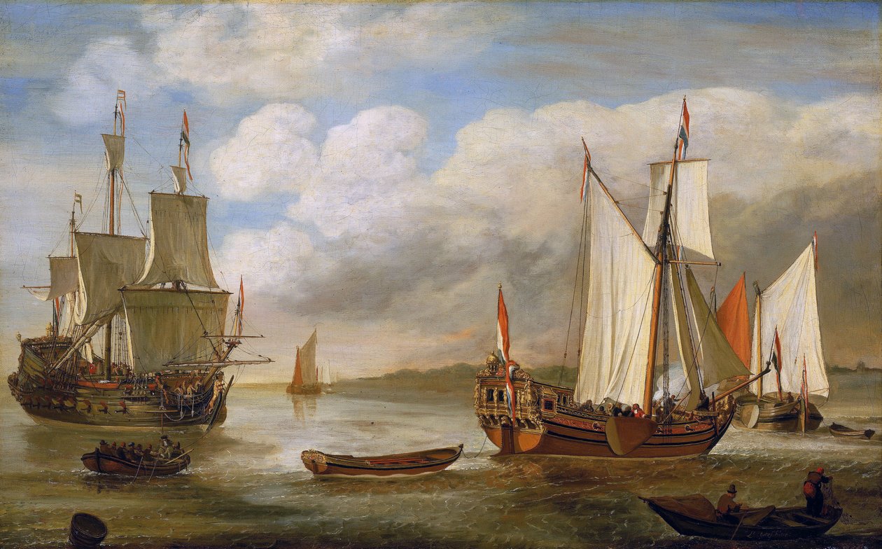 各种荷兰船只：帆船、轮船和驳船。Lieve Pietersz Verschuier（1630-1686 年）的布面油画。 作者 里夫·范舒尔（Lieve Verschuier）