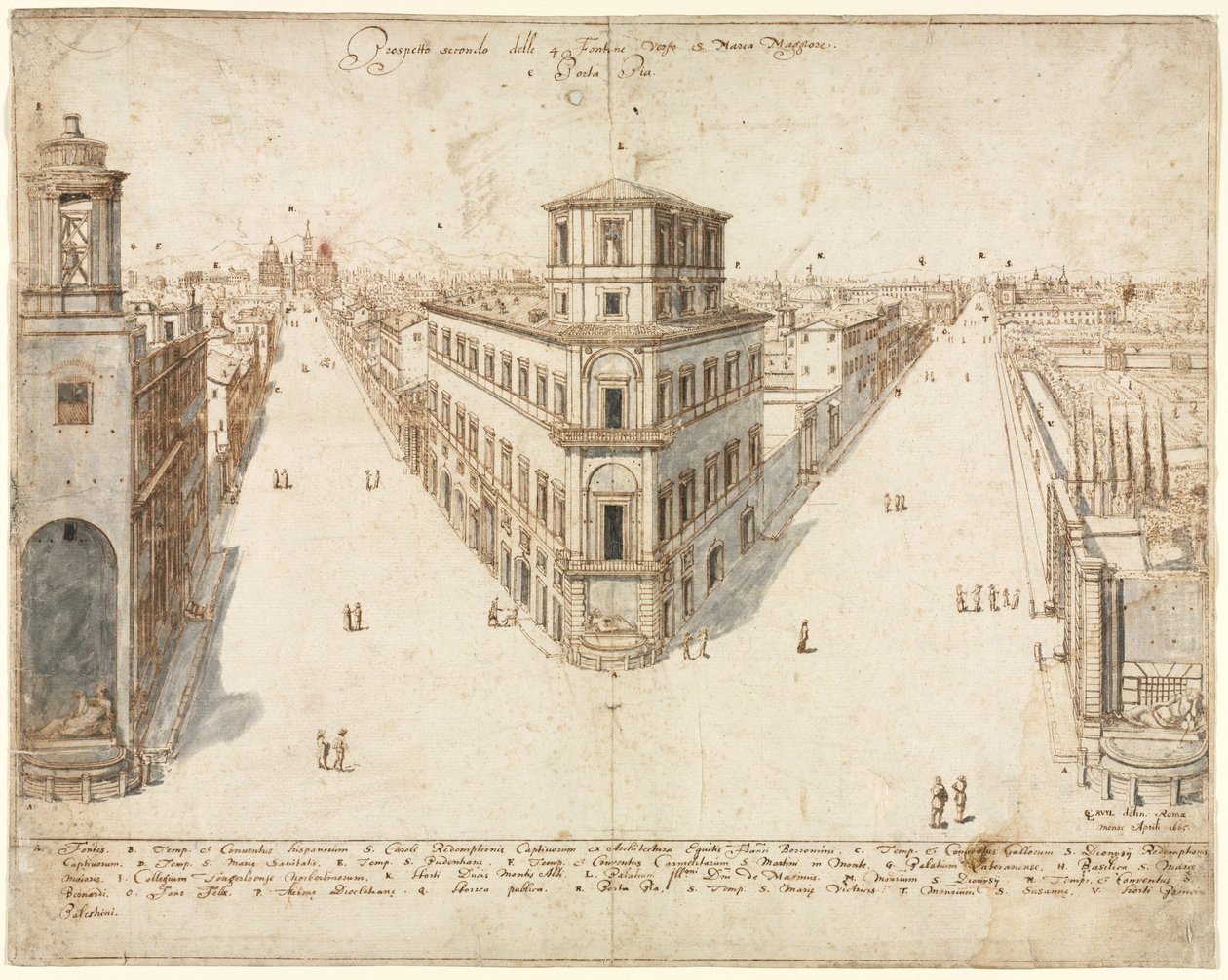 罗马的十八景：望向圣玛丽亚·马焦雷的丰塔纳·夸特罗，1665年。 作者 列文·克鲁伊