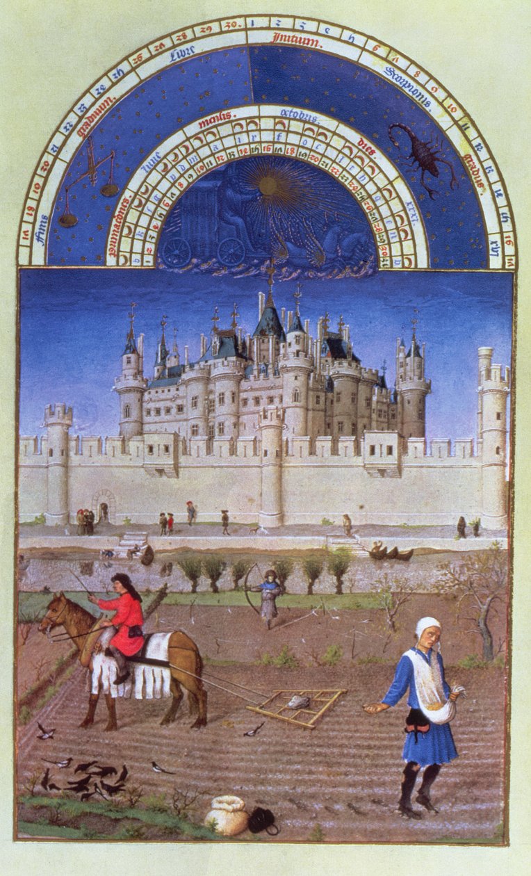 十月的传真：由Limbourg兄弟播下冬季谷物，来自&39;Tres Riches Heures du Duc de Berry&39; 作者 林堡兄弟