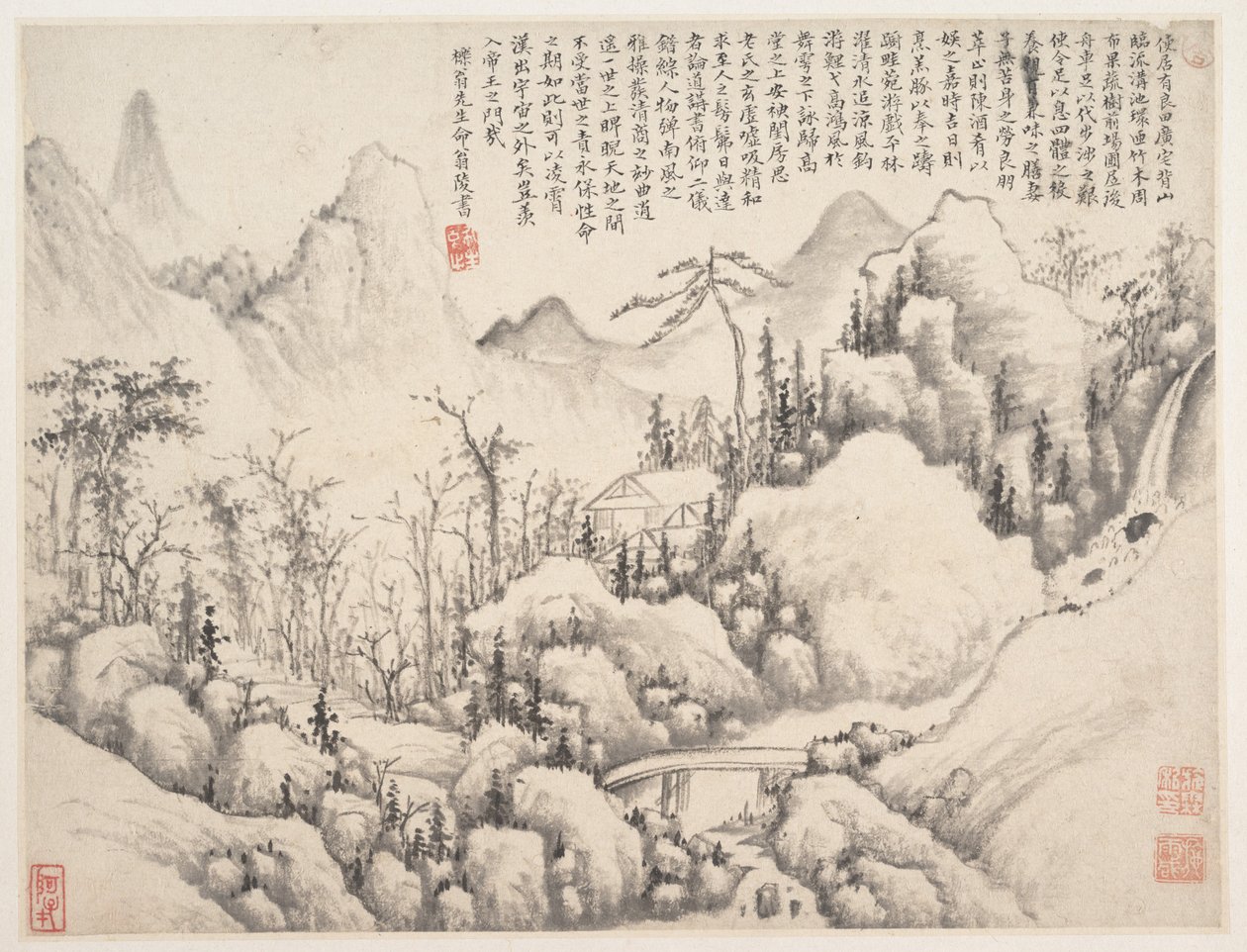 山居图》，选自《周亮工画册》，作于 1654-55 年（选自一本多叶合集；纸本水墨设色） 作者 