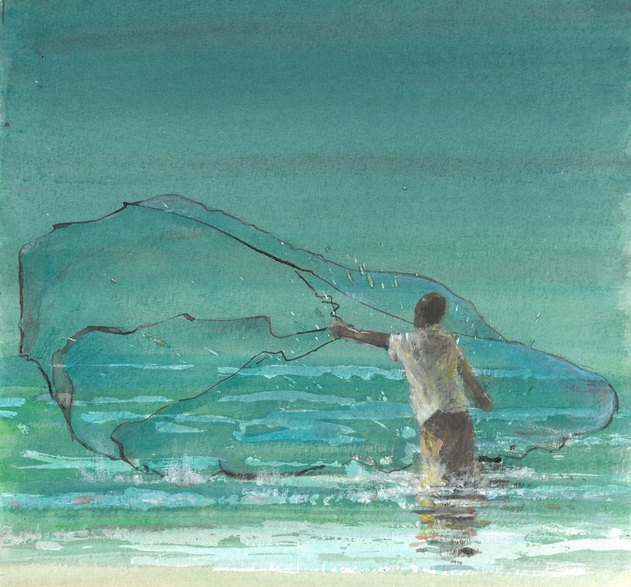 Lone Fisherman 3,2015（笔和墨水在纸上用wc） 作者 林肯·塞利格曼