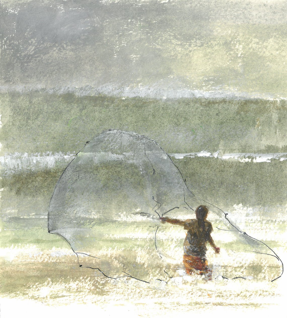 Lone Fisherman 4,2015（笔和墨水在纸上用wc） 作者 林肯·塞利格曼