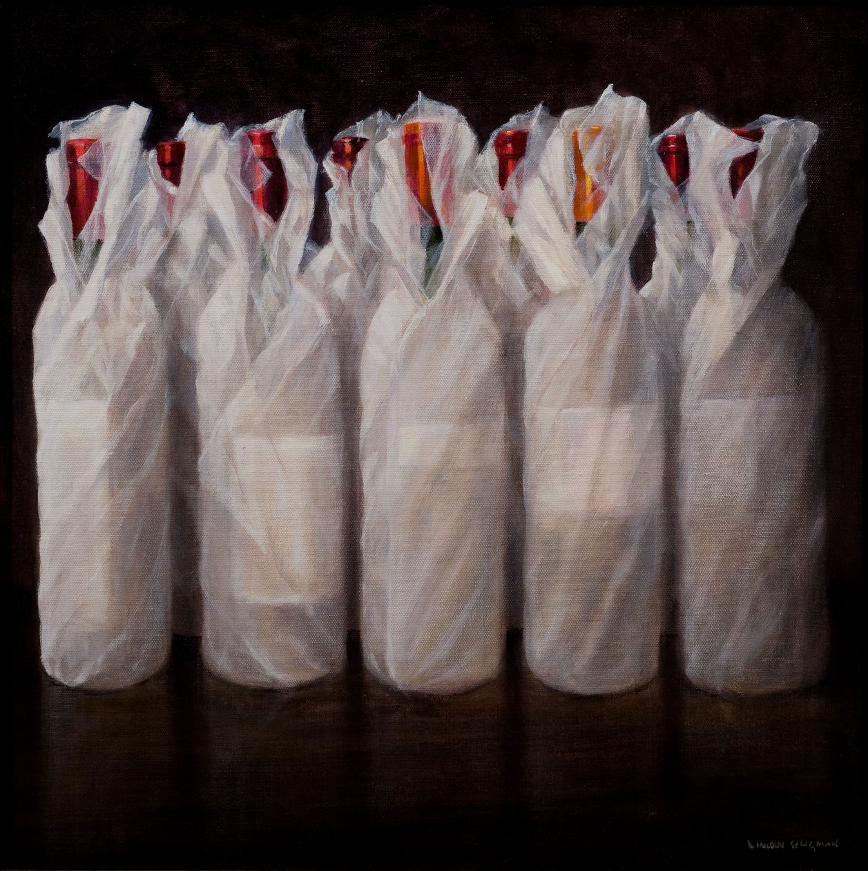 包装葡萄酒瓶，2010（丙烯画布） 作者 林肯·塞利格曼