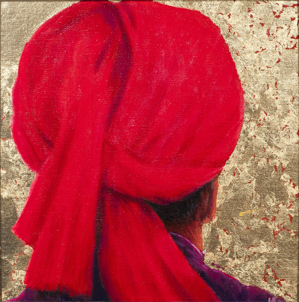 金叶上的红头巾，2014（布面油画与金箔） 作者 林肯·塞利格曼