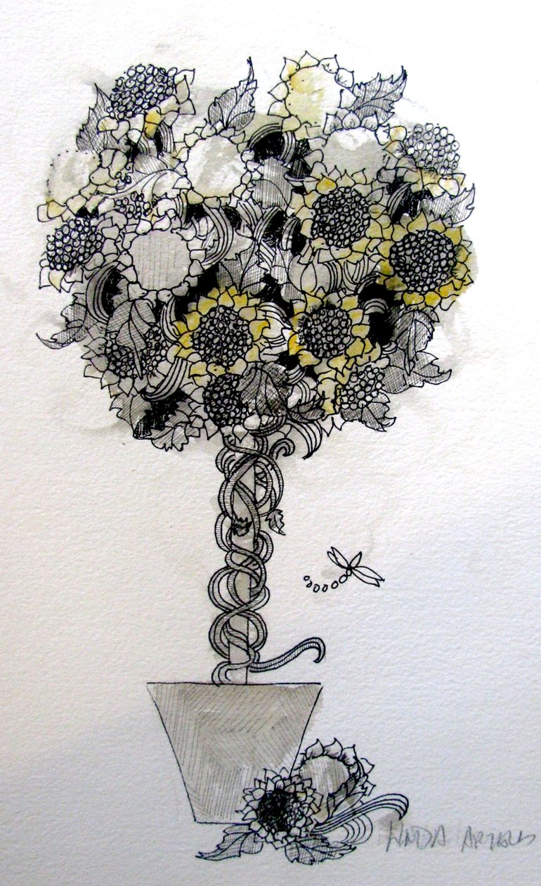 向日葵插花，2015（钢笔和墨水） 作者 琳达·亚瑟（Linda Arthur）