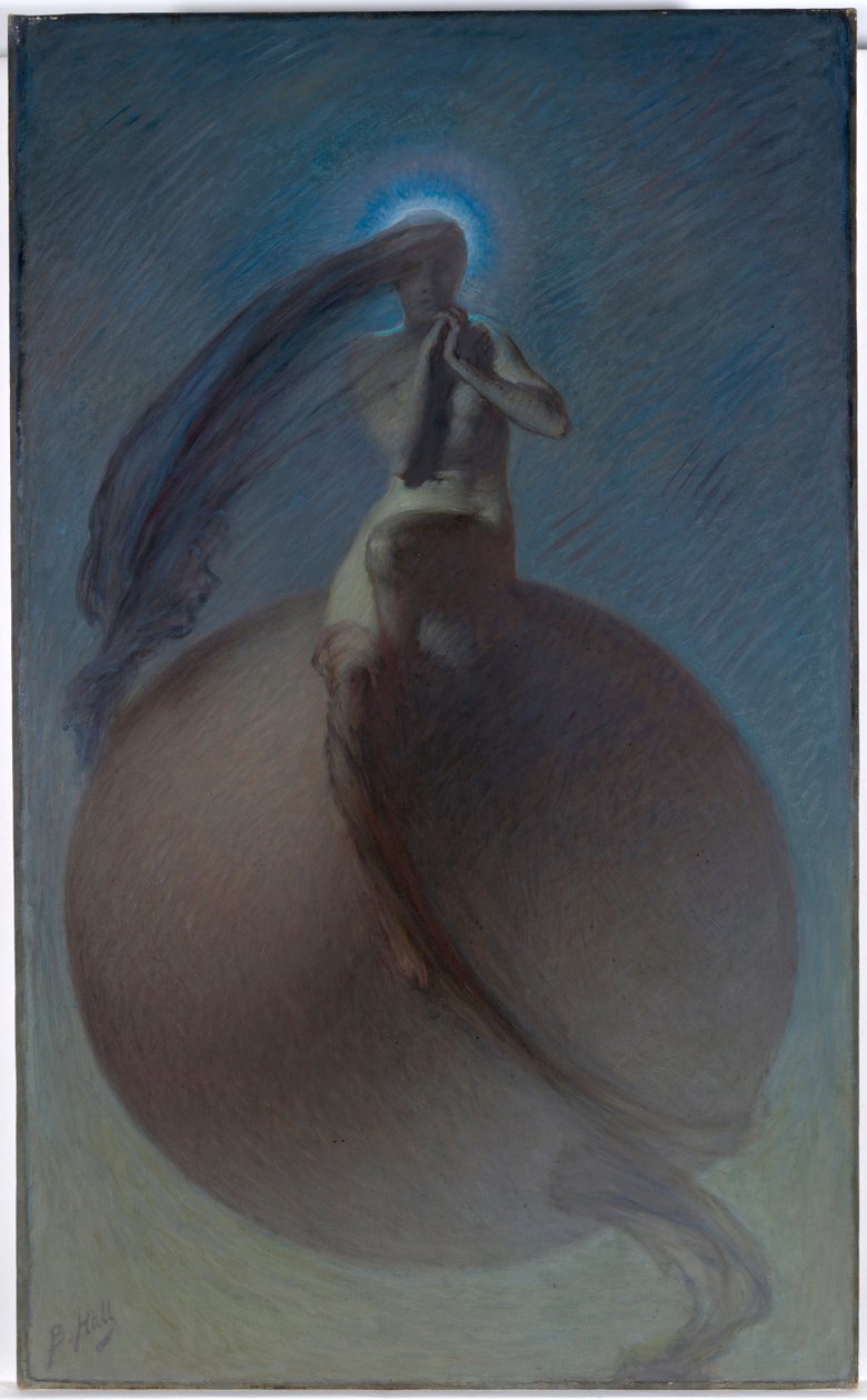 “探索”梦幻般的表现，地球仪上摆出的女性剪影 - Lindsay Bernard Hall（1859-1935）绘画，约 1905 年 - 布面油画 暗淡 154x94.5 厘米 澳大利亚国家美术馆，堪培拉 作者 林赛·伯纳德·霍尔