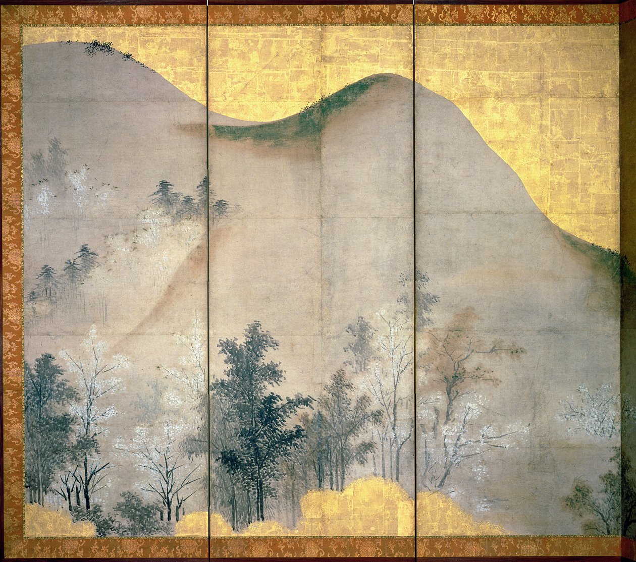 春天风景（笔和墨水，颜色，面板上的金纸）（见216557） 作者 林库库