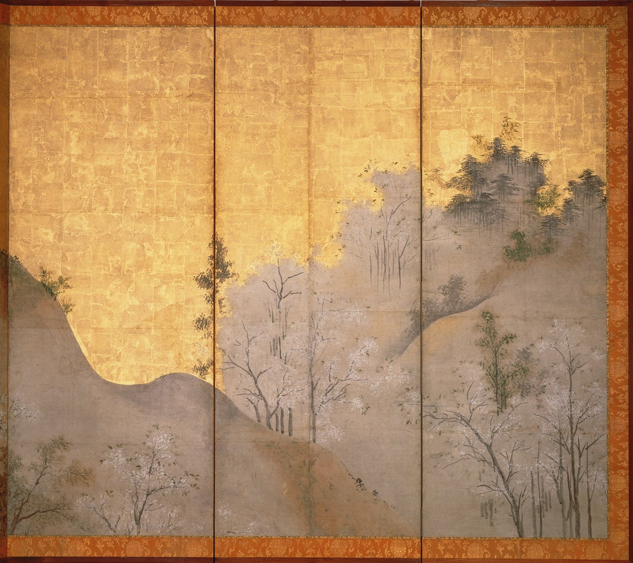 春天风景（笔和墨水，颜色，面板上的金纸）（见216558） 作者 林库库