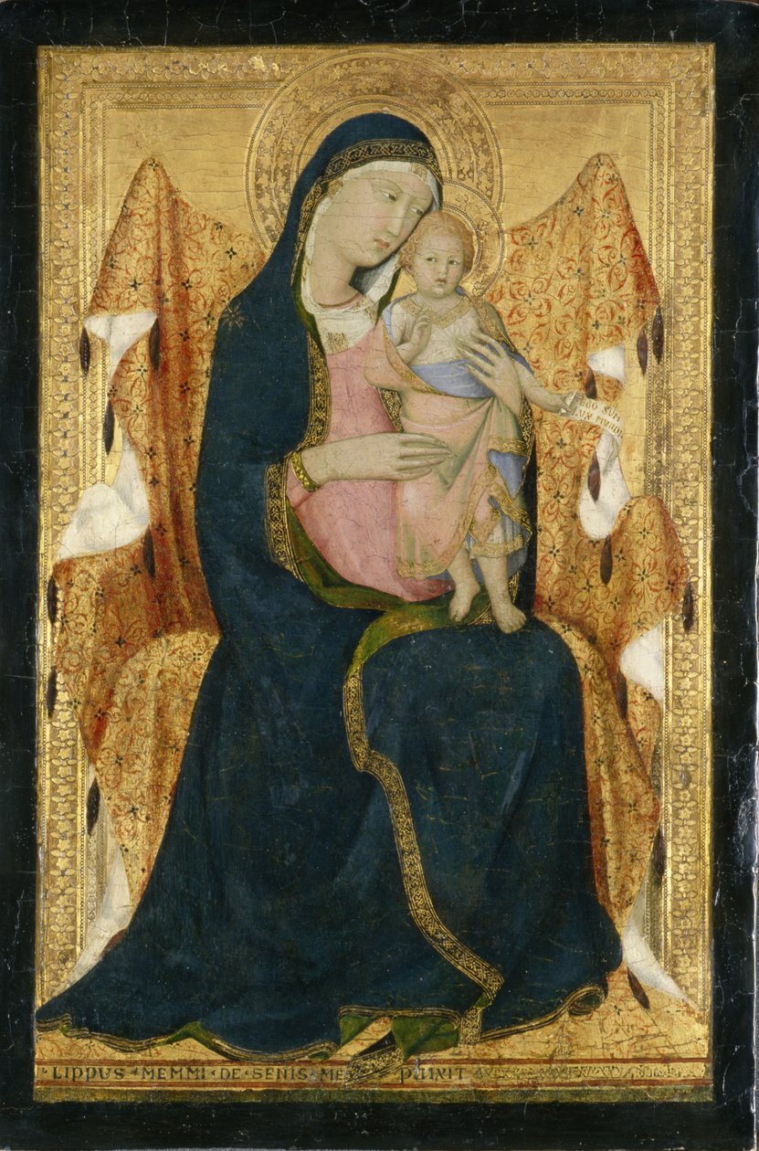 麦当娜和孩子一起登上，c.1340（白杨木上的蛋彩画） 作者 力宝梅米