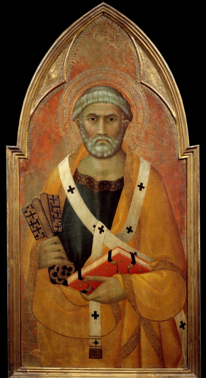 圣彼得 (San Pietro) Detrempe 在木头上的代表，由 Lippo Memmi（1317-1347 年已知）14 世纪太阳。 0,94x0,44 m - 代表圣彼得（圣彼得）。 Lippo Memmi 的木头蛋彩画（已知于 1317 年至 1347 年） 作者 力宝梅米