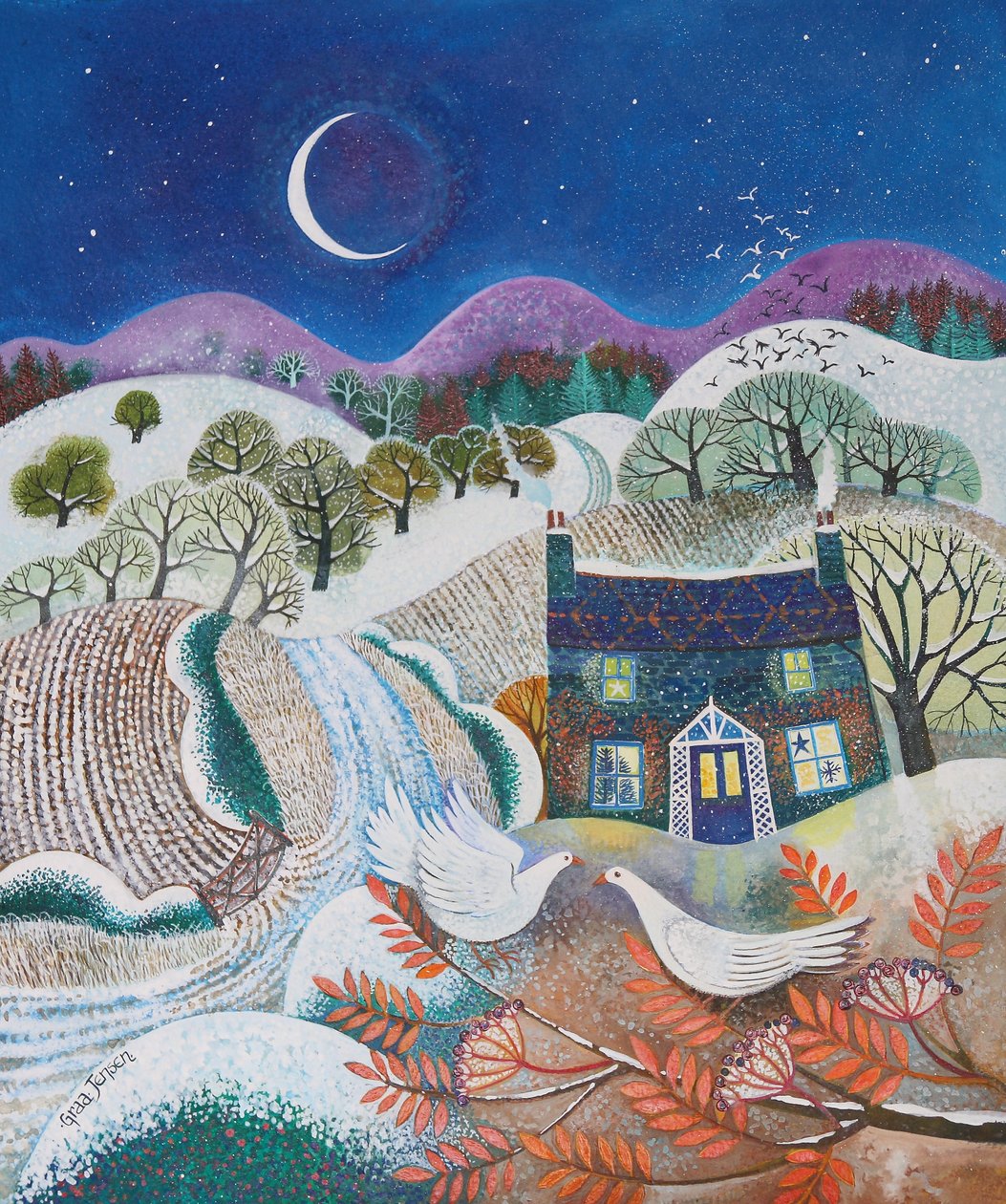 雪鸟，2018年，（纸上的丙烯酸墨水） 作者 丽莎·格拉·詹森