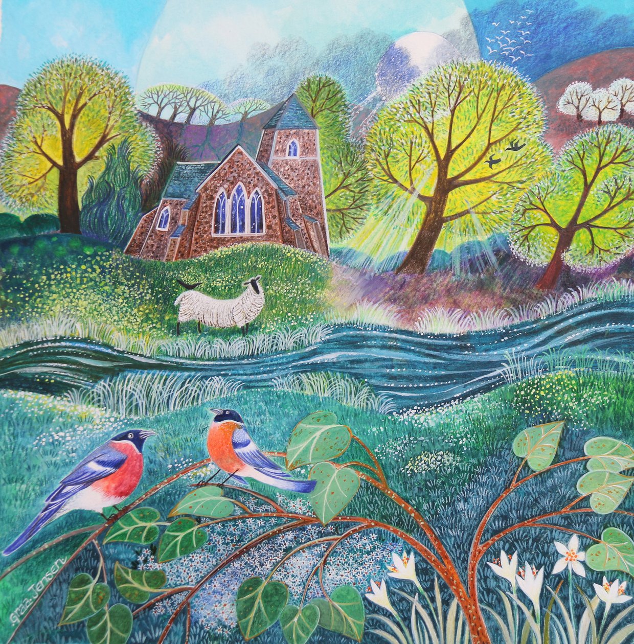 Finches, 2020,(acrylics on paper) 作者 丽莎·格拉·詹森