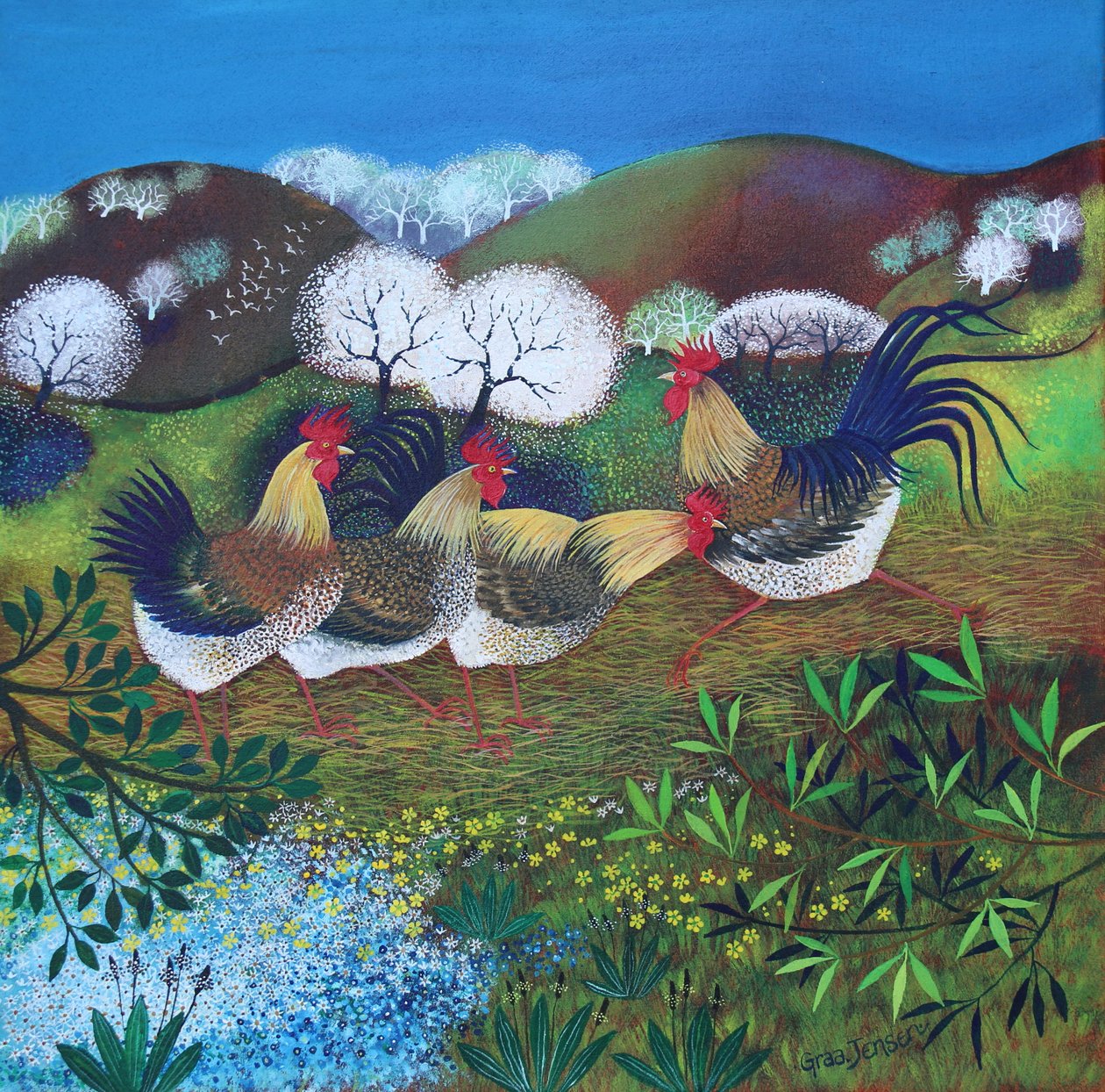 Rollicking Roosters，2024（亚麻布上的丙烯颜料） 作者 丽莎·格拉·詹森