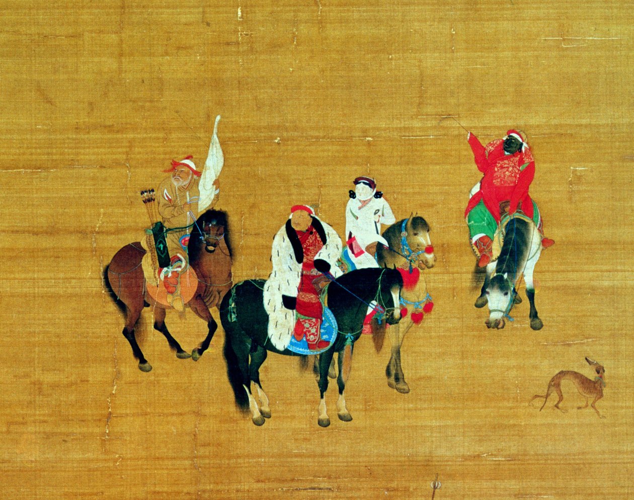 忽必烈汗（1214-94）狩猎，元朝（丝绸上的墨水和颜色）（细节） 作者 刘宽涛