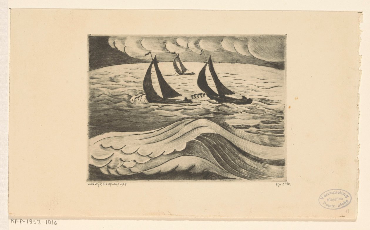 三艘帆船在海上风暴中 La Tempête（原标题） 作者 Lodewijk Shelfhout（艺术家签名）