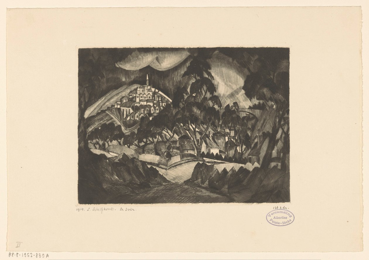 有树木和建筑物的丘陵景观 Le Soir（物体上的原始标题） 作者 Lodewijk Shelfhout（艺术家签名）