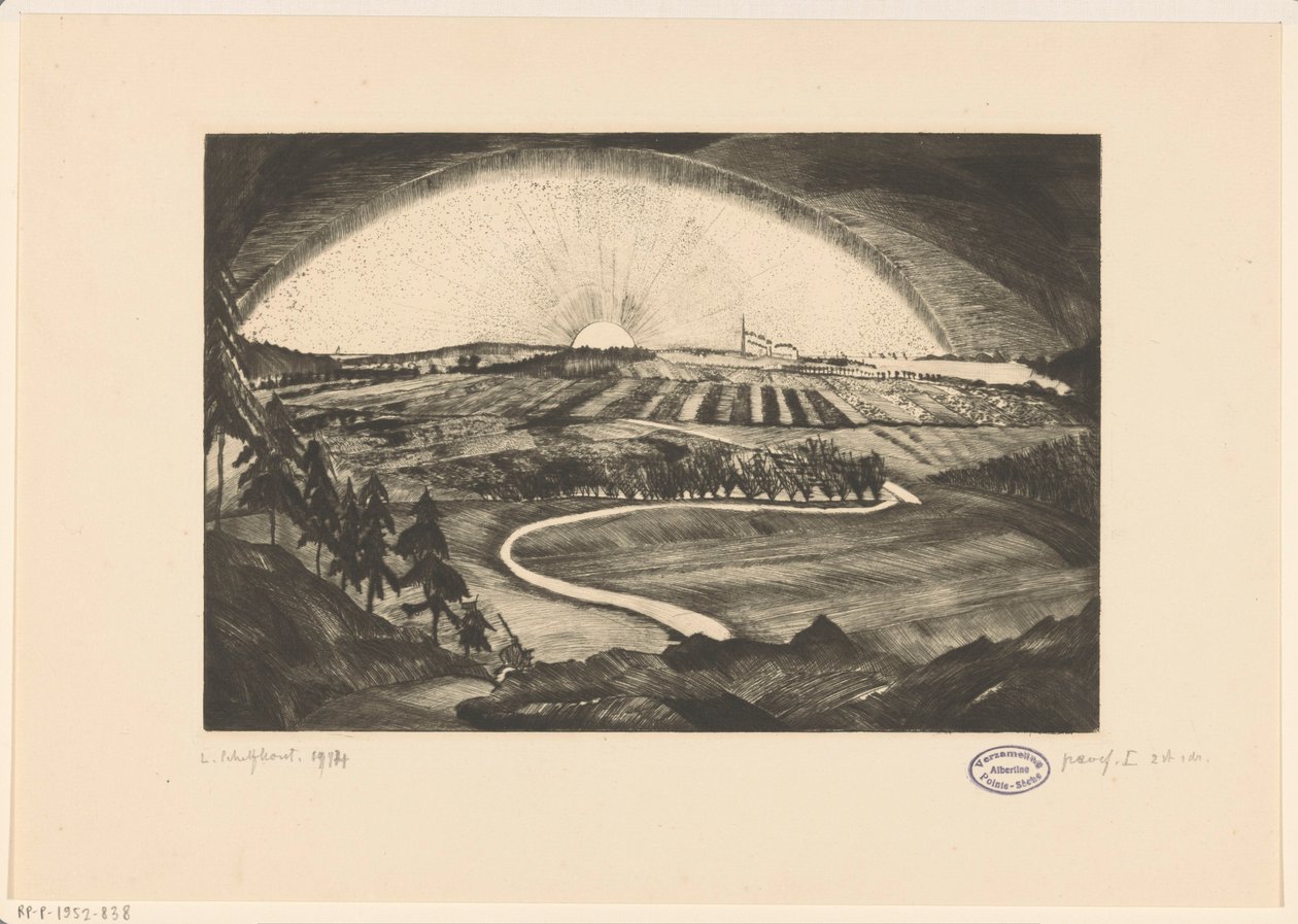 Opgaande of ondergaande zon boven een heuvellandschap La Bruyère (original title on object) 作者 Lodewijk Shelfhout（艺术家签名）