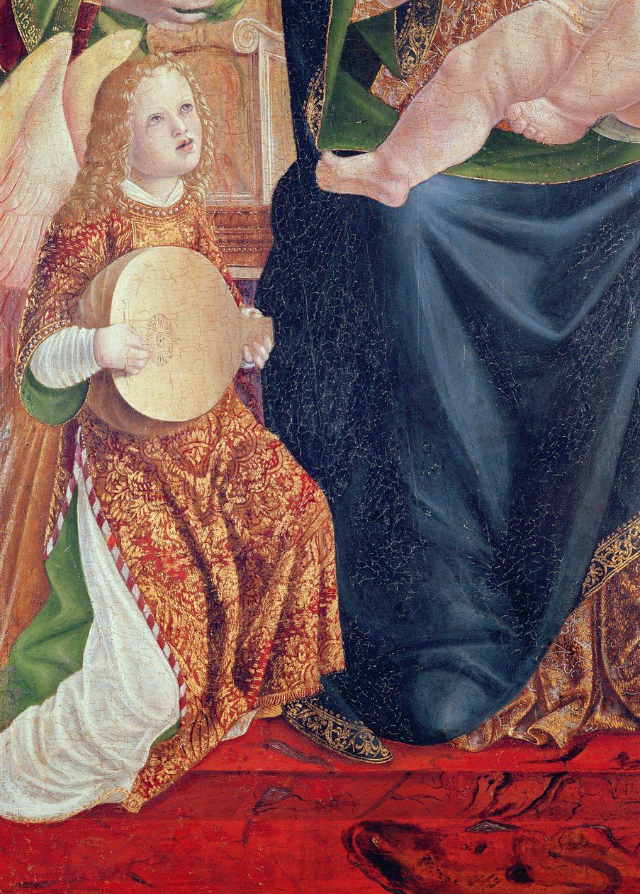 麦当娜和儿童与天使音乐家，天使演奏琵琶的细节，c.1490-1500（面板上的蛋彩画） 作者 伦巴德学校
